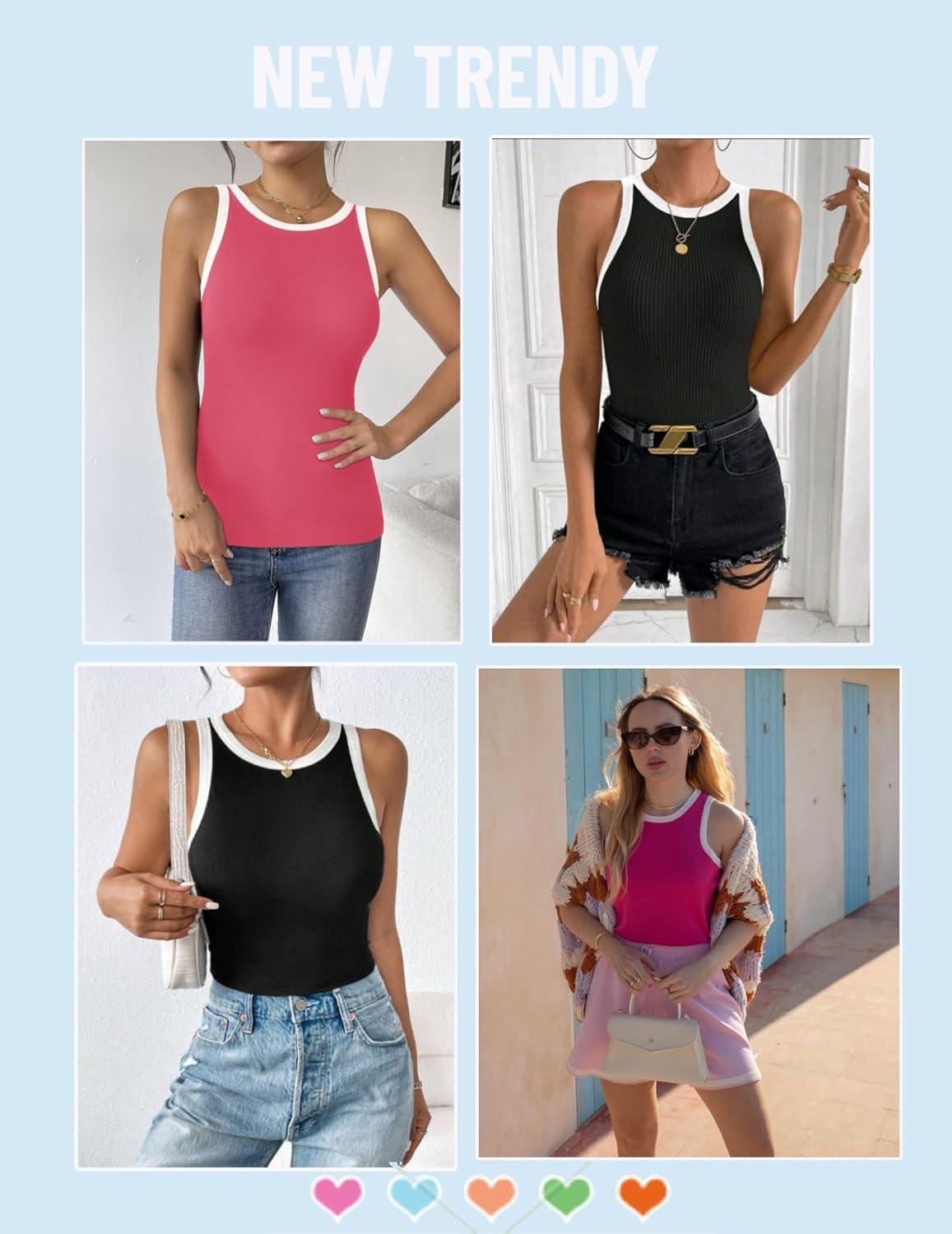 imageZeagoo Womens Tank Top Racerback Crowl Neck Casual Basic Ribbed Knit Fitted Sleeveless Shirts SXXLWhite Blackrose Red