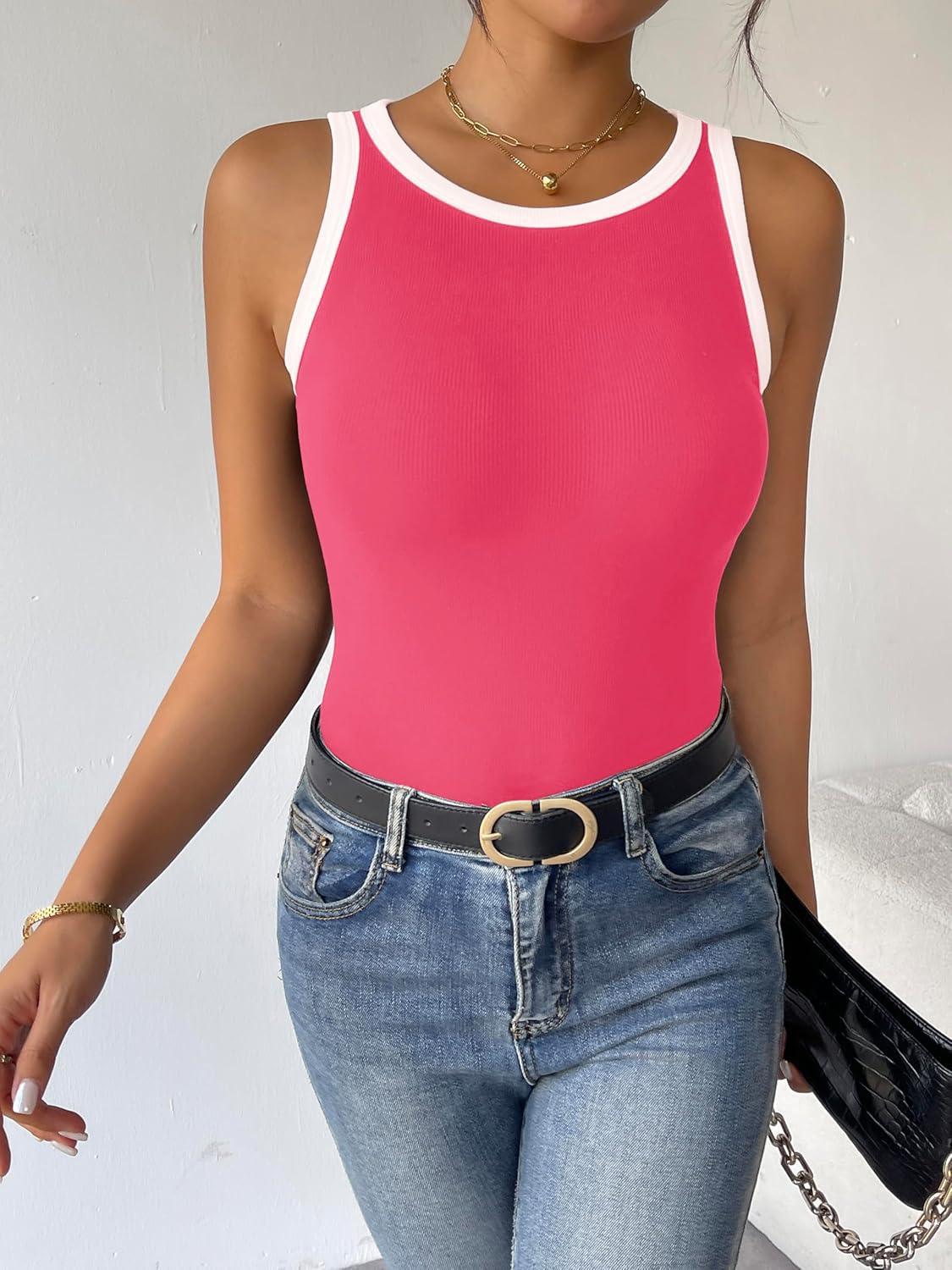 imageZeagoo Womens Tank Top Racerback Crowl Neck Casual Basic Ribbed Knit Fitted Sleeveless Shirts SXXLWhite Blackrose Red