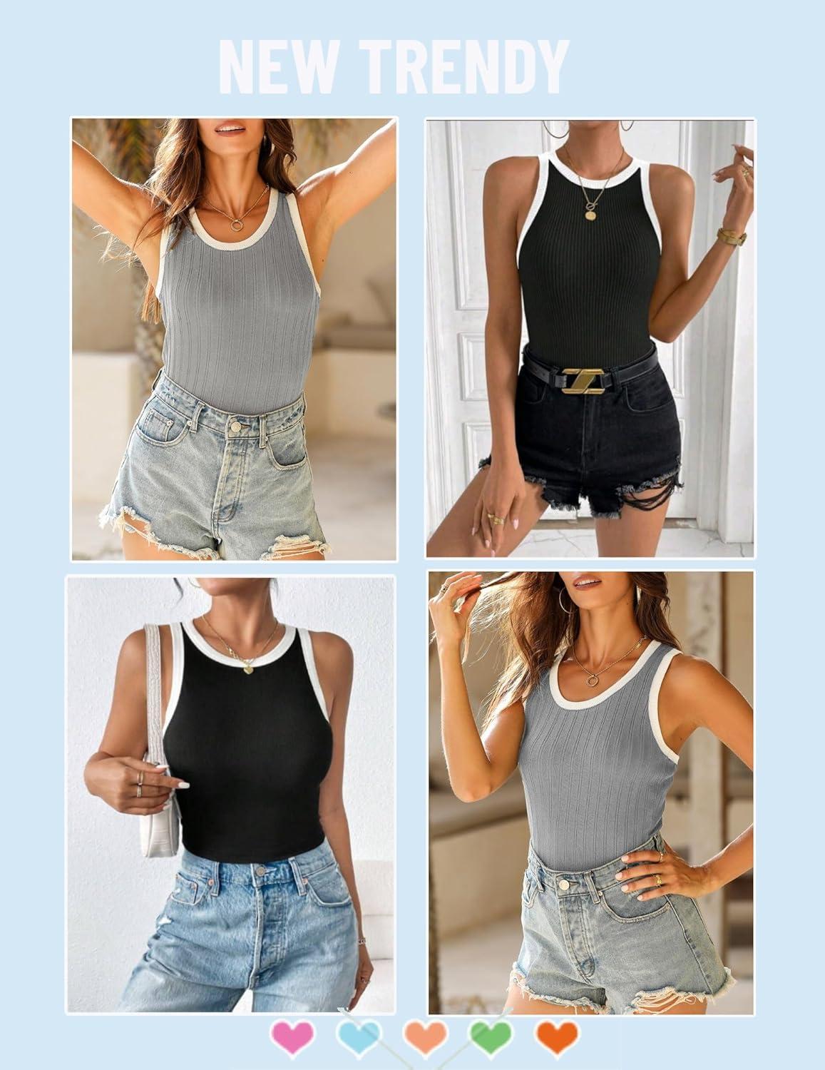 imageZeagoo Womens Tank Top Racerback Crowl Neck Casual Basic Ribbed Knit Fitted Sleeveless Shirts SXXLWhite Blackwhite Grey