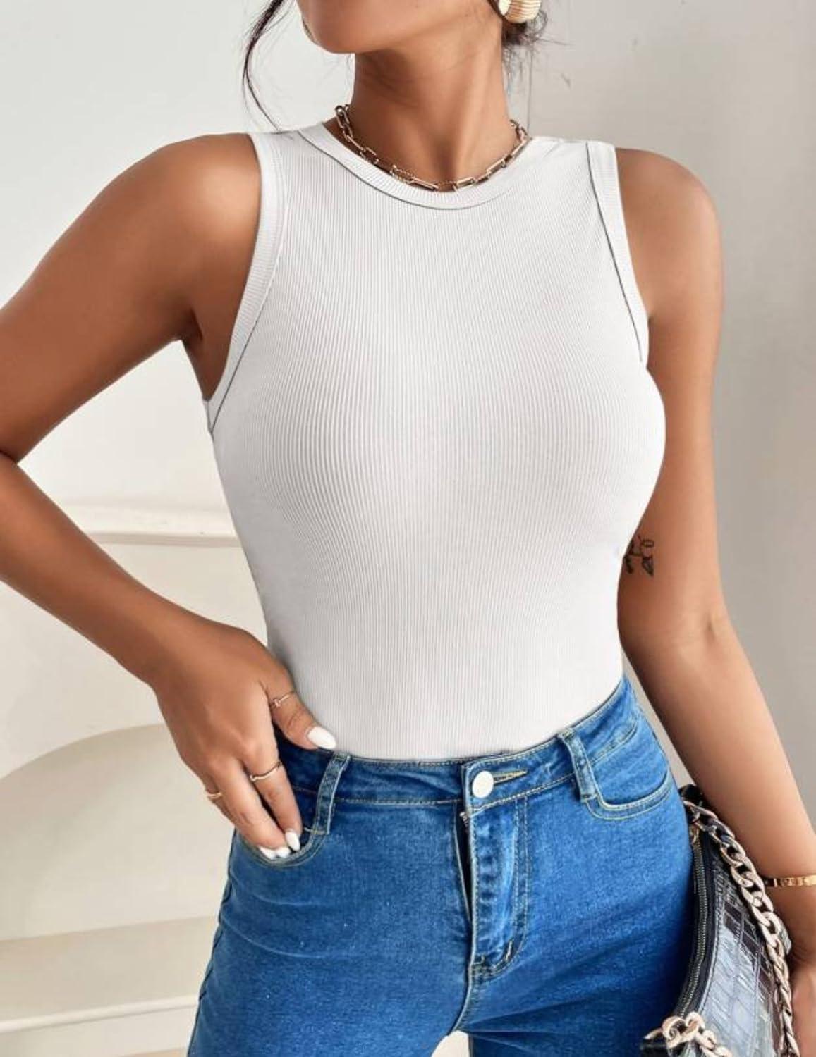 imageZeagoo Womens Tank Top Racerback Crowl Neck Casual Basic Ribbed Knit Fitted Sleeveless Shirts SXXLWhiteblack White