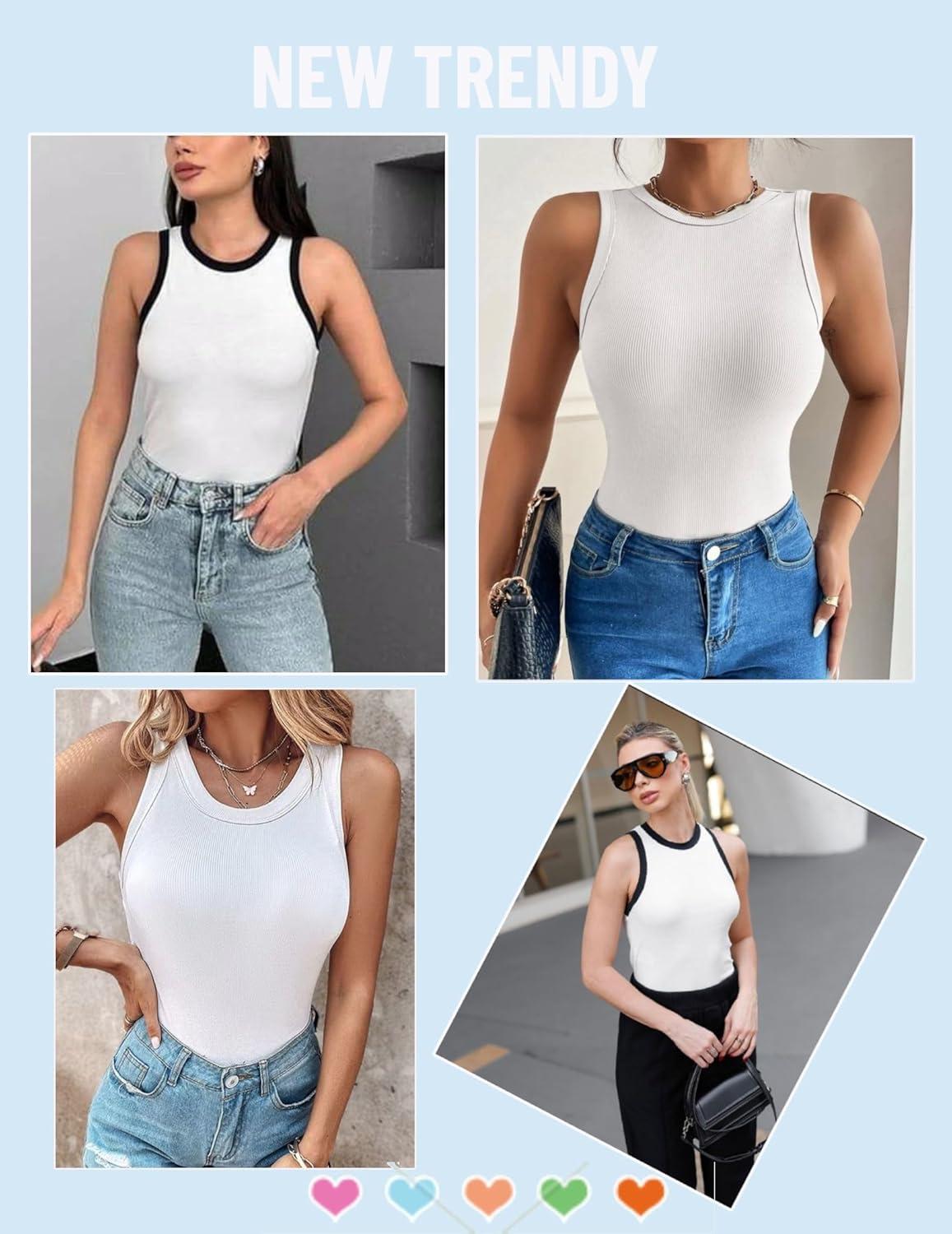 imageZeagoo Womens Tank Top Racerback Crowl Neck Casual Basic Ribbed Knit Fitted Sleeveless Shirts SXXLWhiteblack White