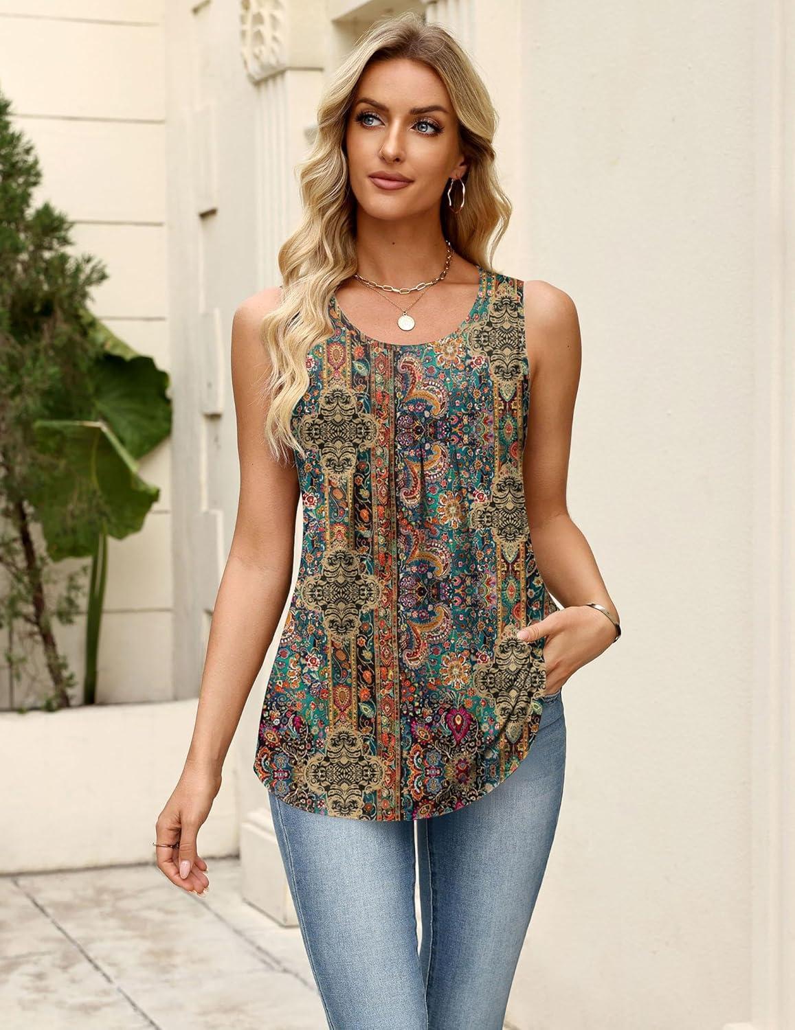 imageZeagoo Womens Tank Tops Sleeveless Pleated Crew Neck Summer Tunic Tops Dressy Loose Fit Business Casual Blouses 2026Mz721