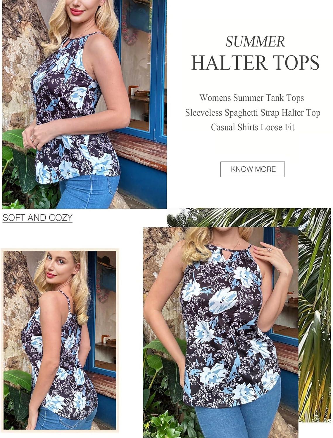 imageZeagoo Womens Tank Tops Sleeveless Spaghetti Strap Halter Top Flowy Summer Beach Outfits 2026Fblack Flower