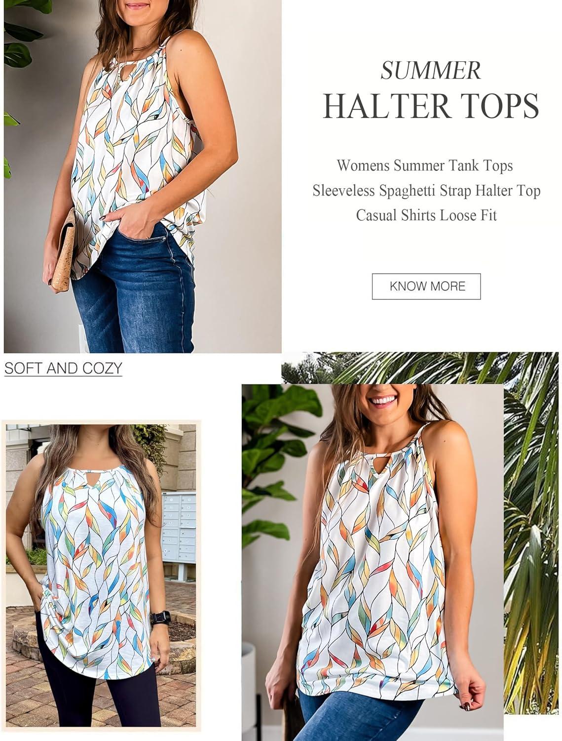 imageZeagoo Womens Tank Tops Sleeveless Spaghetti Strap Halter Top Flowy Summer Beach Outfits 2026Pwhite Leaf