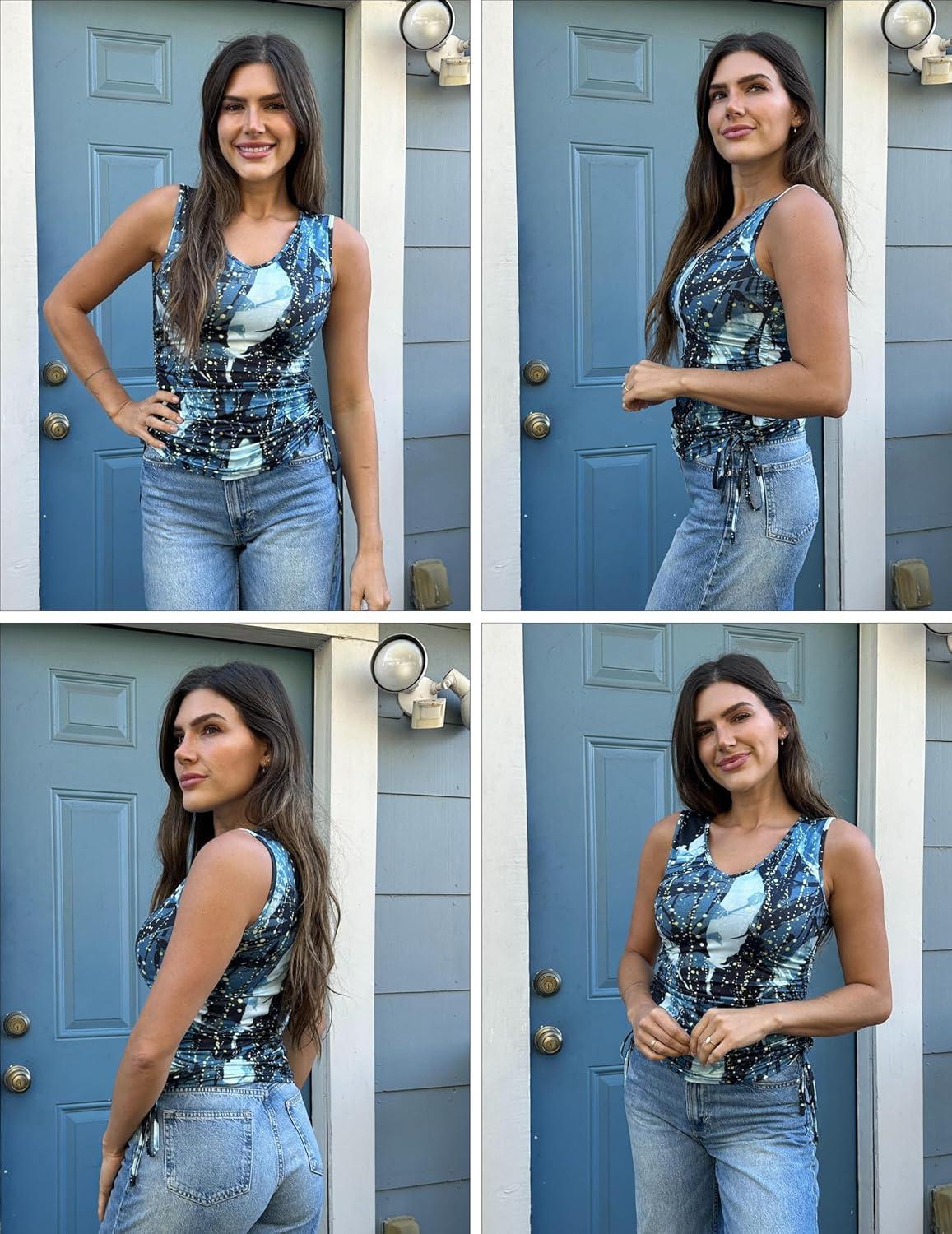 imageZeagoo Womens Tank Tops Summer Ruched Top V Neck Sleeveless Drawstring Side Casual Trendy Shirts 2026Pcadetblue