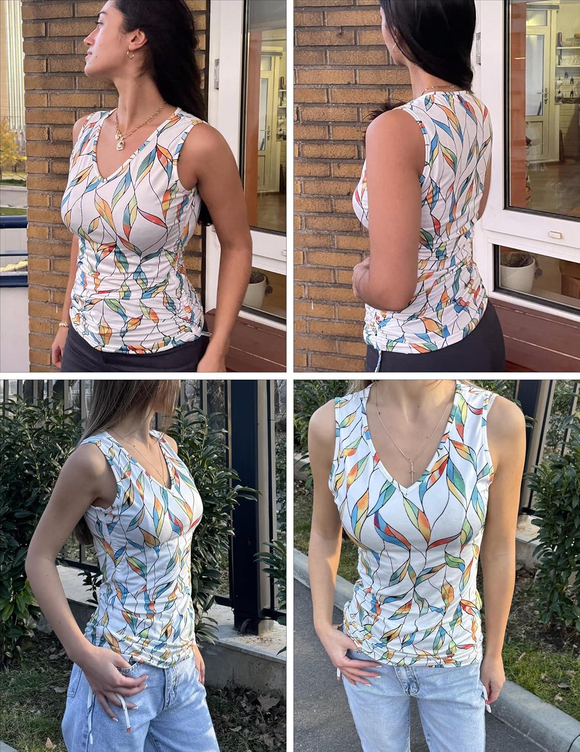 imageZeagoo Womens Tank Tops Summer Ruched Top V Neck Sleeveless Drawstring Side Casual Trendy Shirts 2026Pwhite Leaf