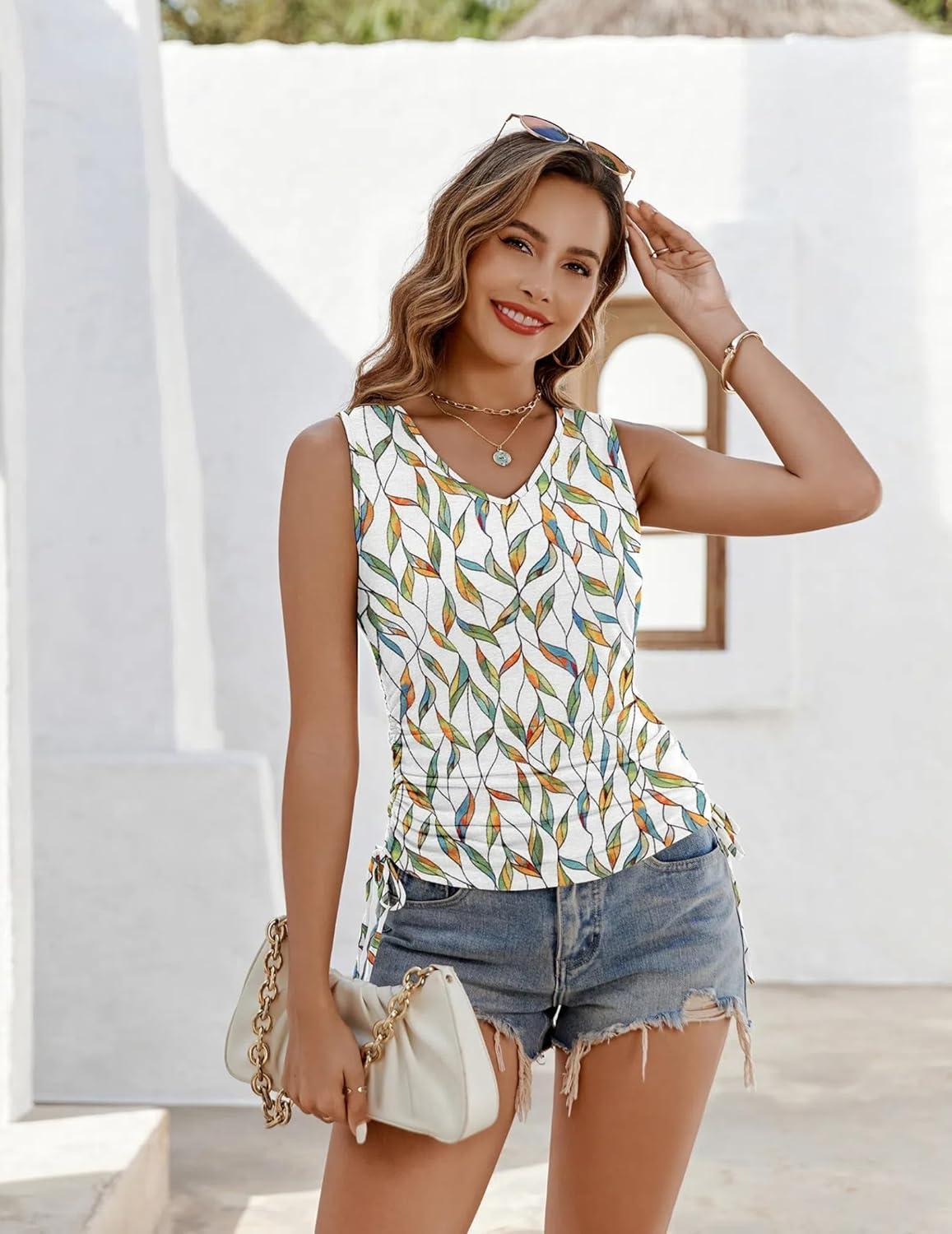 imageZeagoo Womens Tank Tops Summer Ruched Top V Neck Sleeveless Drawstring Side Casual Trendy Shirts 2026Pwhite Leaf