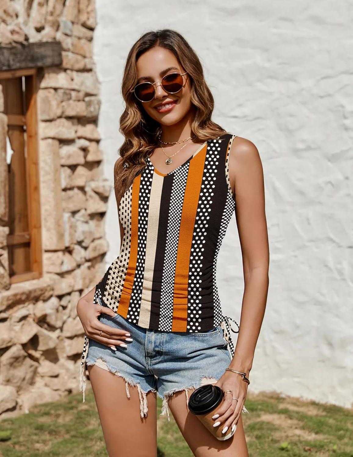imageZeagoo Womens Tank Tops Summer Ruched Top V Neck Sleeveless Drawstring Side Casual Trendy Shirts 2026Sblack Khaki
