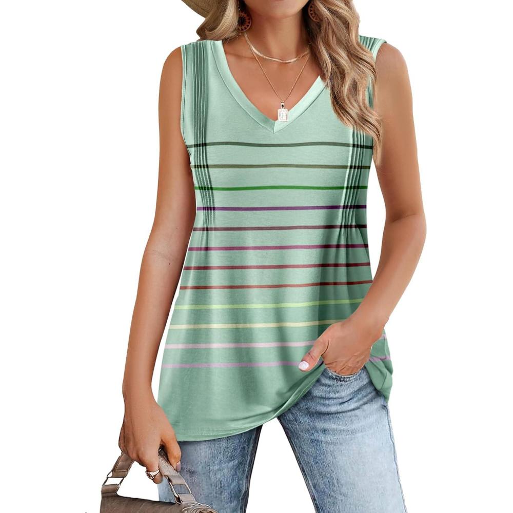 imageZeagoo Tank Tops for Women 2024 Summer Pleated V Neck Loose Fit Casual Flowy Tunic Sleeveless Shirts