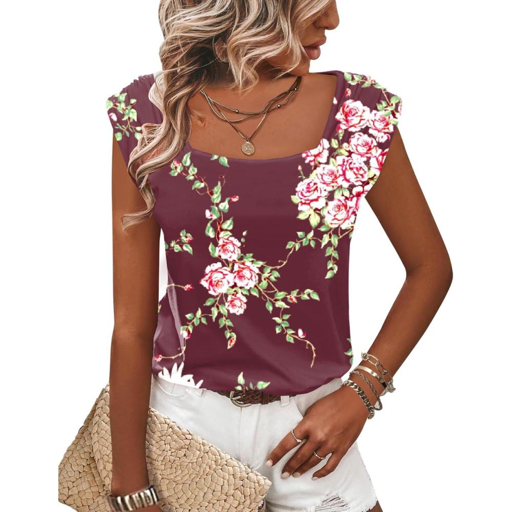 imageZeagoo Women Summer Tops Cute Square Neck Tank Tops Loose Dressy Casual Shirts Cap Sleeve Tunic TopsFlower Wine Red