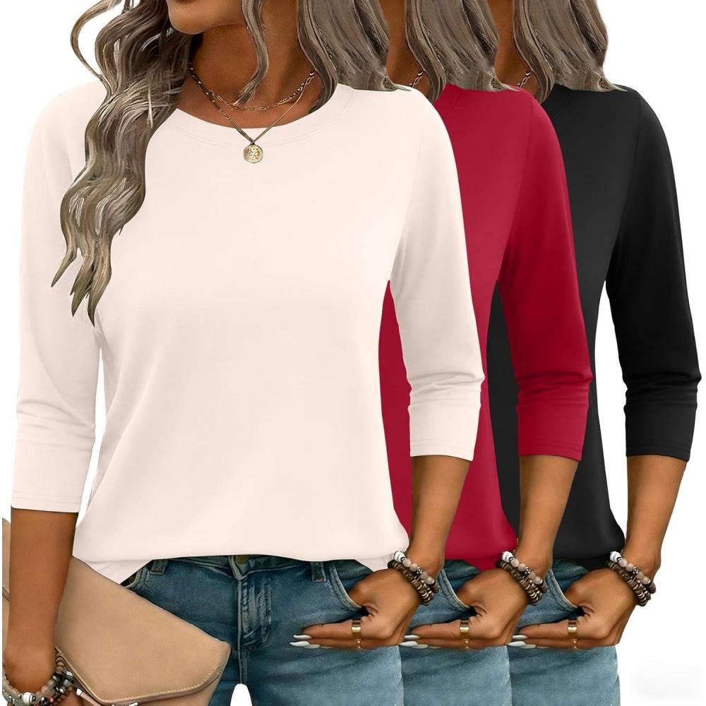 imageZeagoo Women Tops 3 Pack 34 Sleeve Crewneck Cute Basics Tees Casual Fashion Spring Summer T Shirts Business Work Tee TopBlackredapricot