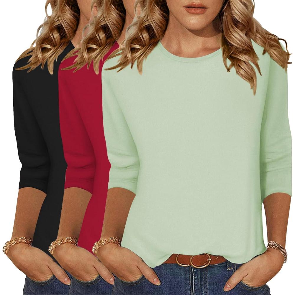 imageZeagoo Women Tops 3 Pack 34 Sleeve Crewneck Cute Basics Tees Casual Fashion Spring Summer T Shirts Business Work Tee TopBlackredgreen