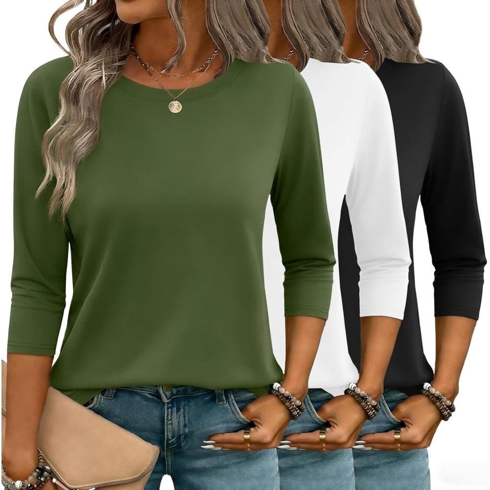 imageZeagoo Women Tops 3 Pack 34 Sleeve Crewneck Cute Basics Tees Casual Fashion Spring Summer T Shirts Business Work Tee TopBlackwhitearmy Green