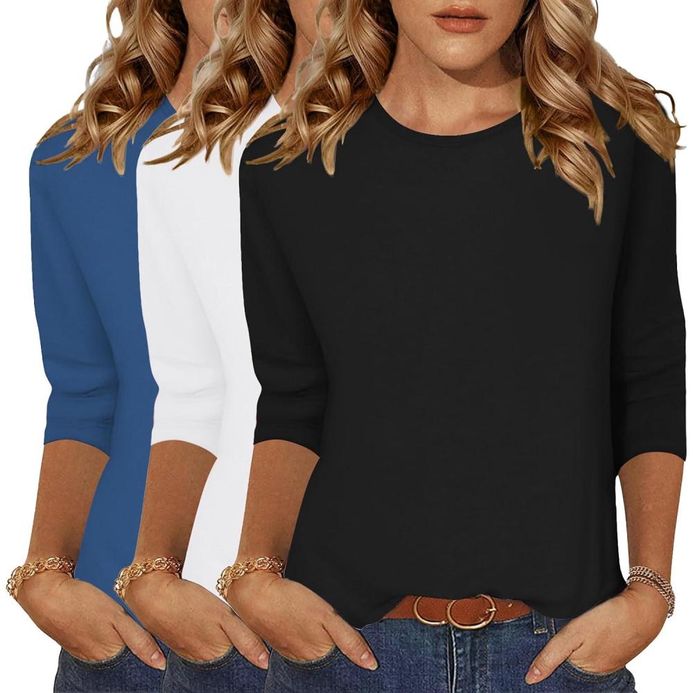 imageZeagoo Women Tops 3 Pack 34 Sleeve Crewneck Cute Basics Tees Casual Fashion Spring Summer T Shirts Business Work Tee TopBlackwhiteblue