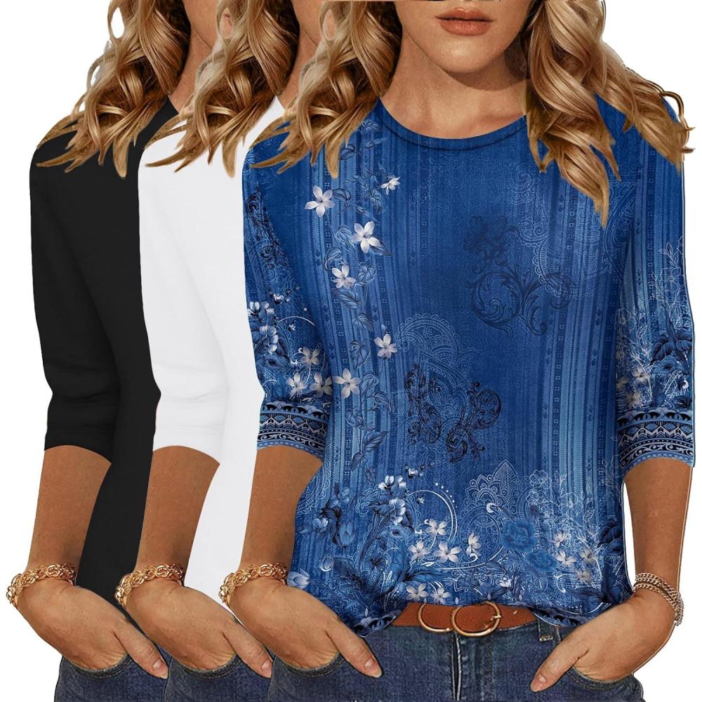 imageZeagoo Women Tops 3 Pack 34 Sleeve Crewneck Cute Basics Tees Casual Fashion Spring Summer T Shirts Business Work Tee TopBlackwhiteblue Flowermz712
