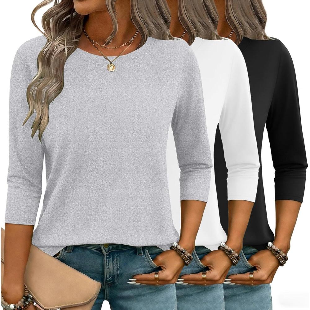 imageZeagoo Women Tops 3 Pack 34 Sleeve Crewneck Cute Basics Tees Casual Fashion Spring Summer T Shirts Business Work Tee TopBlackwhitegrey