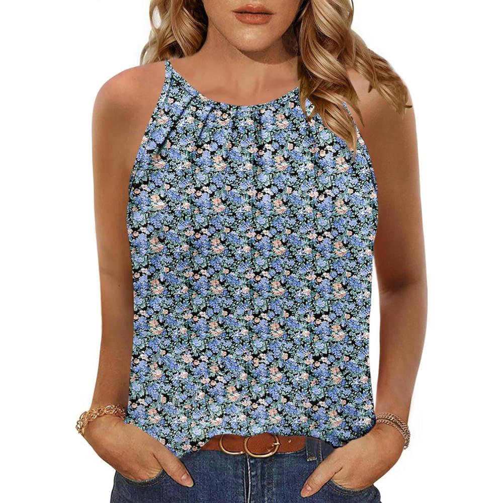 imageZeagoo Womens 2026 Halter Neck Tank Tops Casual Sleeveless Pleated Camisole Tops Summer Loose Fit Cami ShirtsZblue Floral