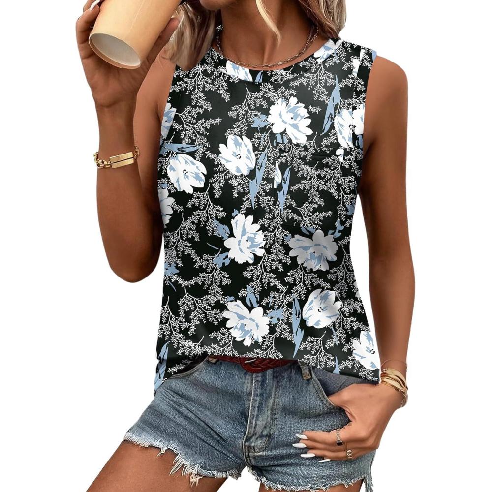 imageZeagoo Womens 3 Pack Tank Tops 2026 Loose Fit High Neck Summer Top Dressy Casual Sleeveless Shirts with Pocket1floral Black