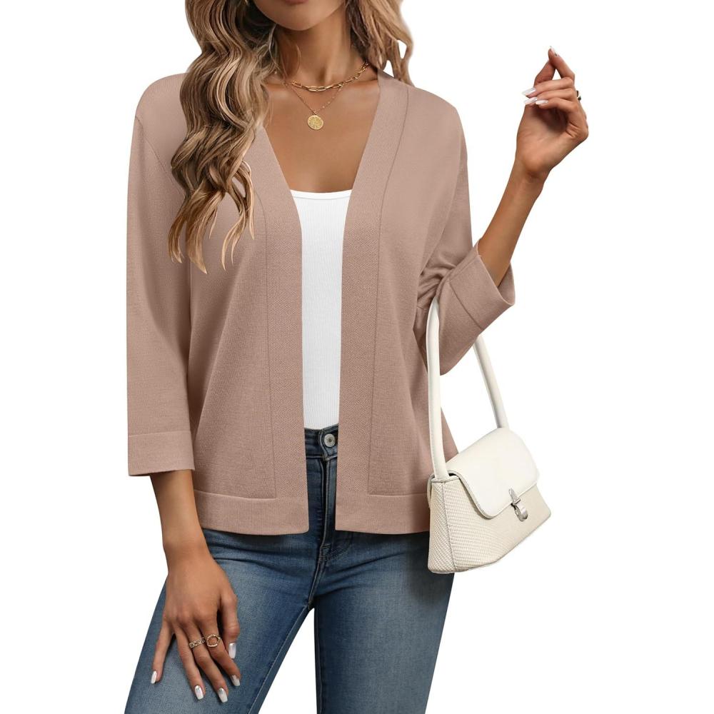 imageZeagoo Womens 34 Sleeve Open Front Cropped Knit Cardigan Sweater Casual Bolero Shrugs for Dresses Summer OutfitsBrown