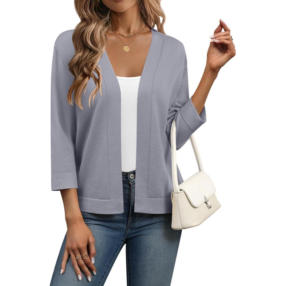imageZeagoo Womens 34 Sleeve Open Front Cropped Knit Cardigan Sweater Casual Bolero Shrugs for Dresses Summer OutfitsGrey