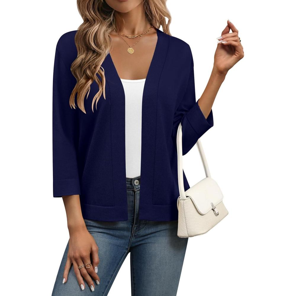 imageZeagoo Womens 34 Sleeve Open Front Cropped Knit Cardigan Sweater Casual Bolero Shrugs for Dresses Summer OutfitsNavy Blue