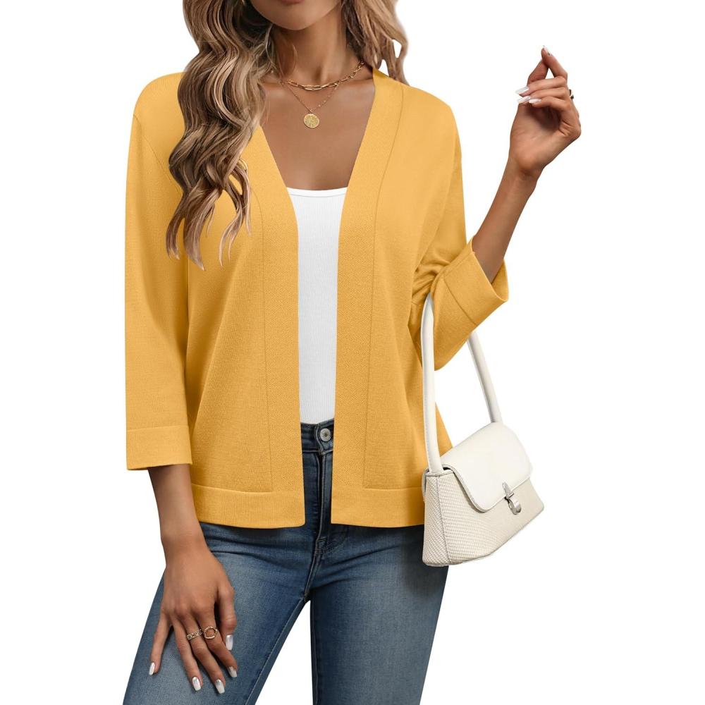 imageZeagoo Womens 34 Sleeve Open Front Cropped Knit Cardigan Sweater Casual Bolero Shrugs for Dresses Summer OutfitsYellow