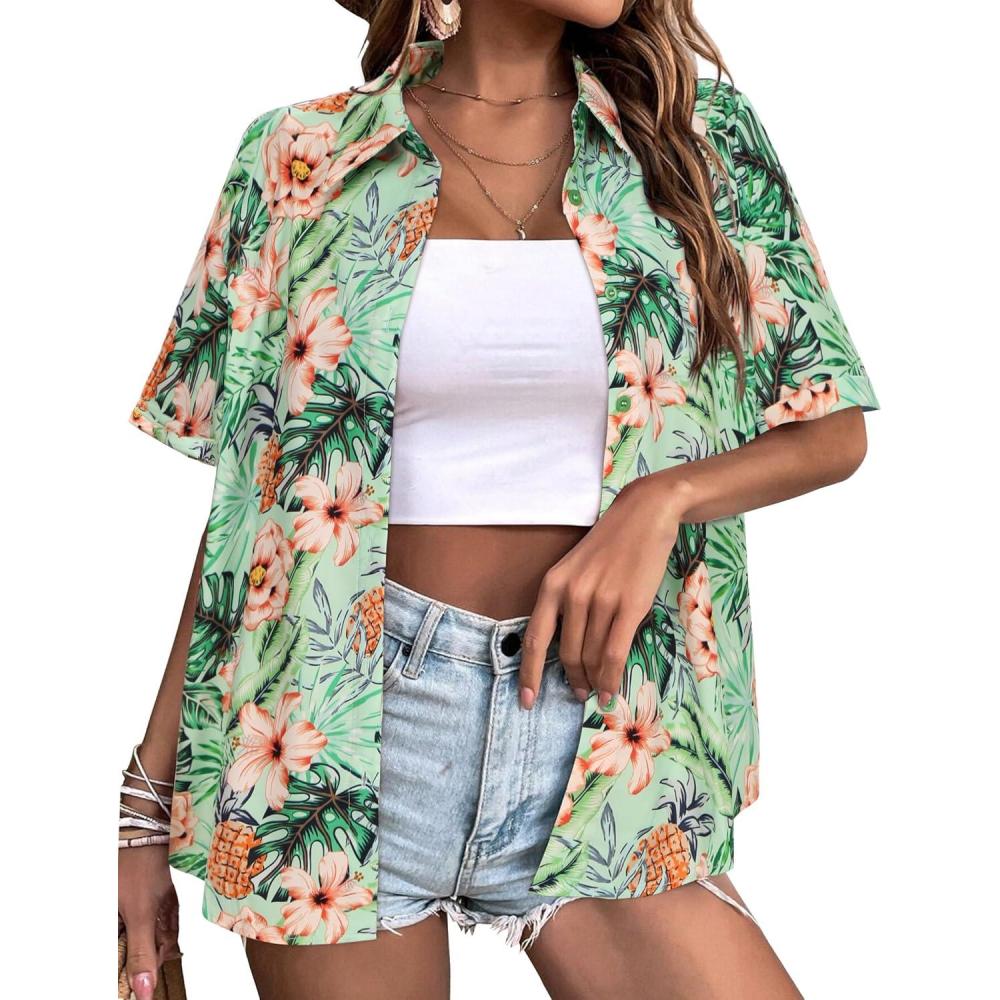 imageZeagoo Womens Hawaiian Button Down Shirts Short Sleeve Casual Floral Tropical Shirt Summer Beach Shirt Cool Button Up TopsAgreen Tropical