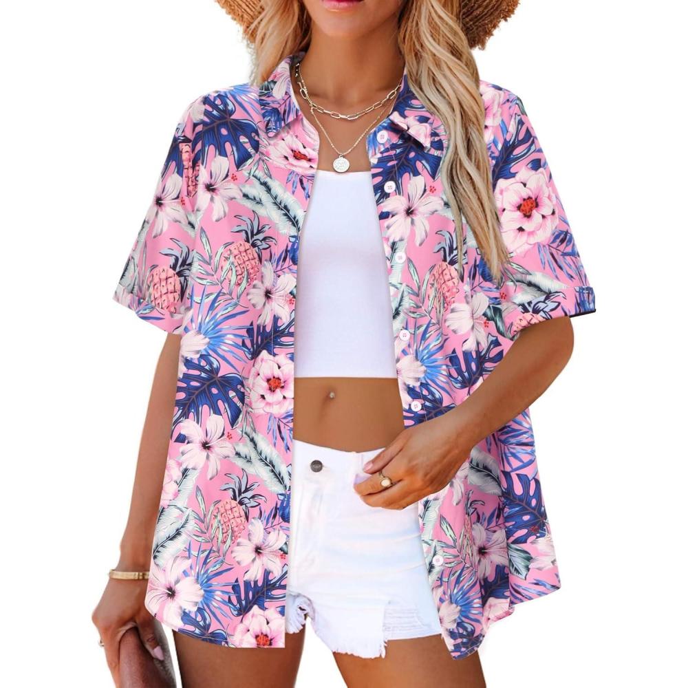 imageZeagoo Womens Hawaiian Button Down Shirts Short Sleeve Casual Floral Tropical Shirt Summer Beach Shirt Cool Button Up TopsApink Tropical