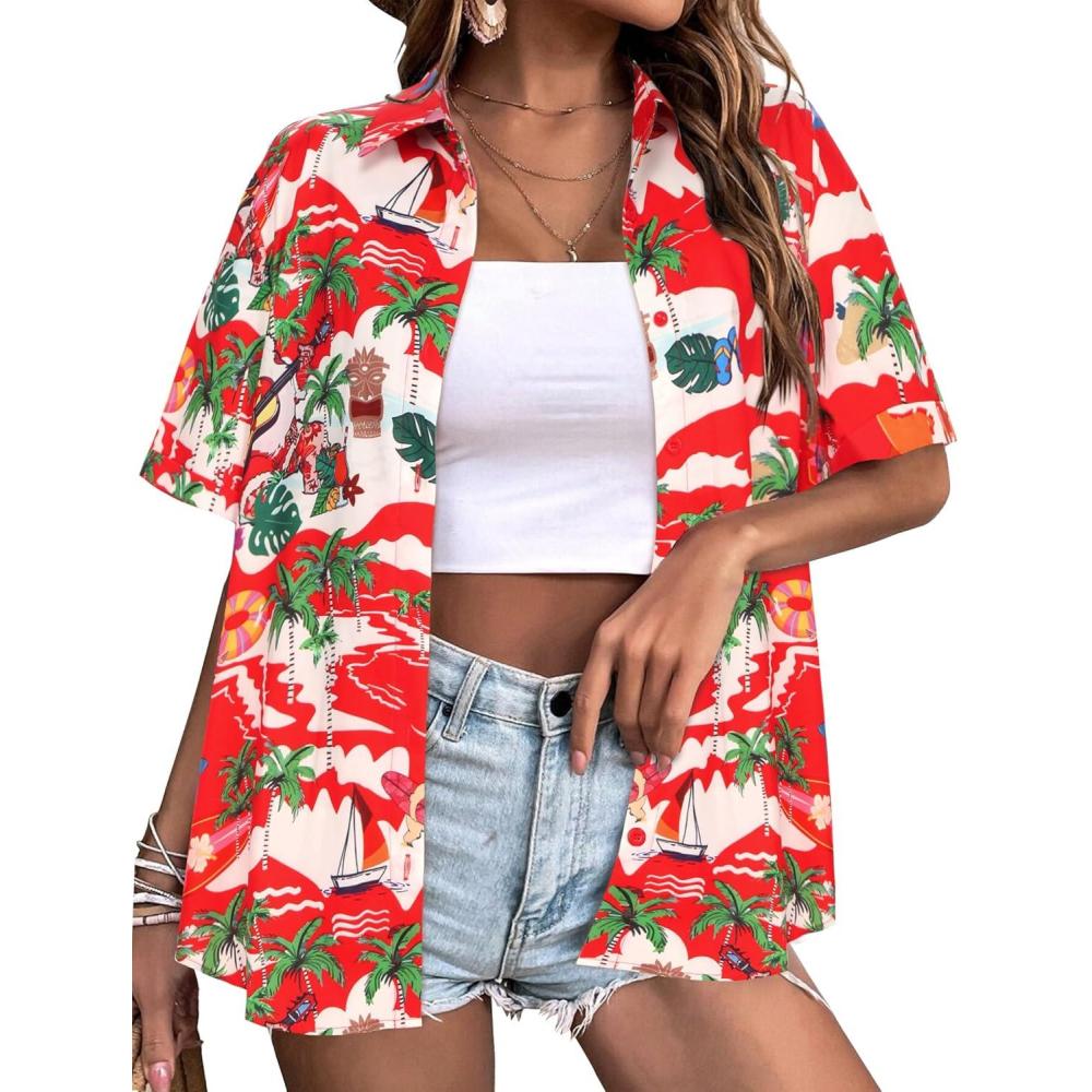 imageZeagoo Womens Hawaiian Button Down Shirts Short Sleeve Casual Floral Tropical Shirt Summer Beach Shirt Cool Button Up TopsAred Christmas