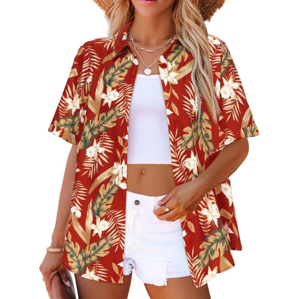imageZeagoo Womens Hawaiian Button Down Shirts Short Sleeve Casual Floral Tropical Shirt Summer Beach Shirt Cool Button Up TopsAred Tropical