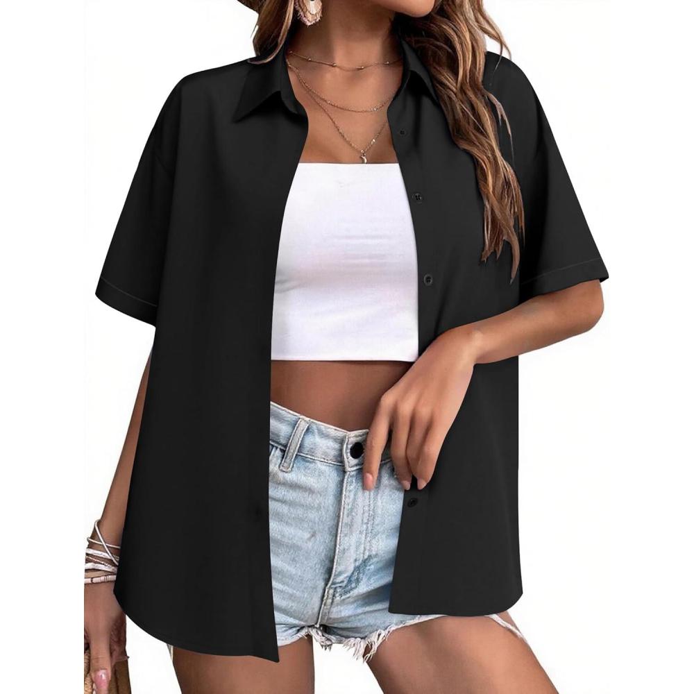 imageZeagoo Womens Hawaiian Button Down Shirts Short Sleeve Casual Floral Tropical Shirt Summer Beach Shirt Cool Button Up TopsBlack