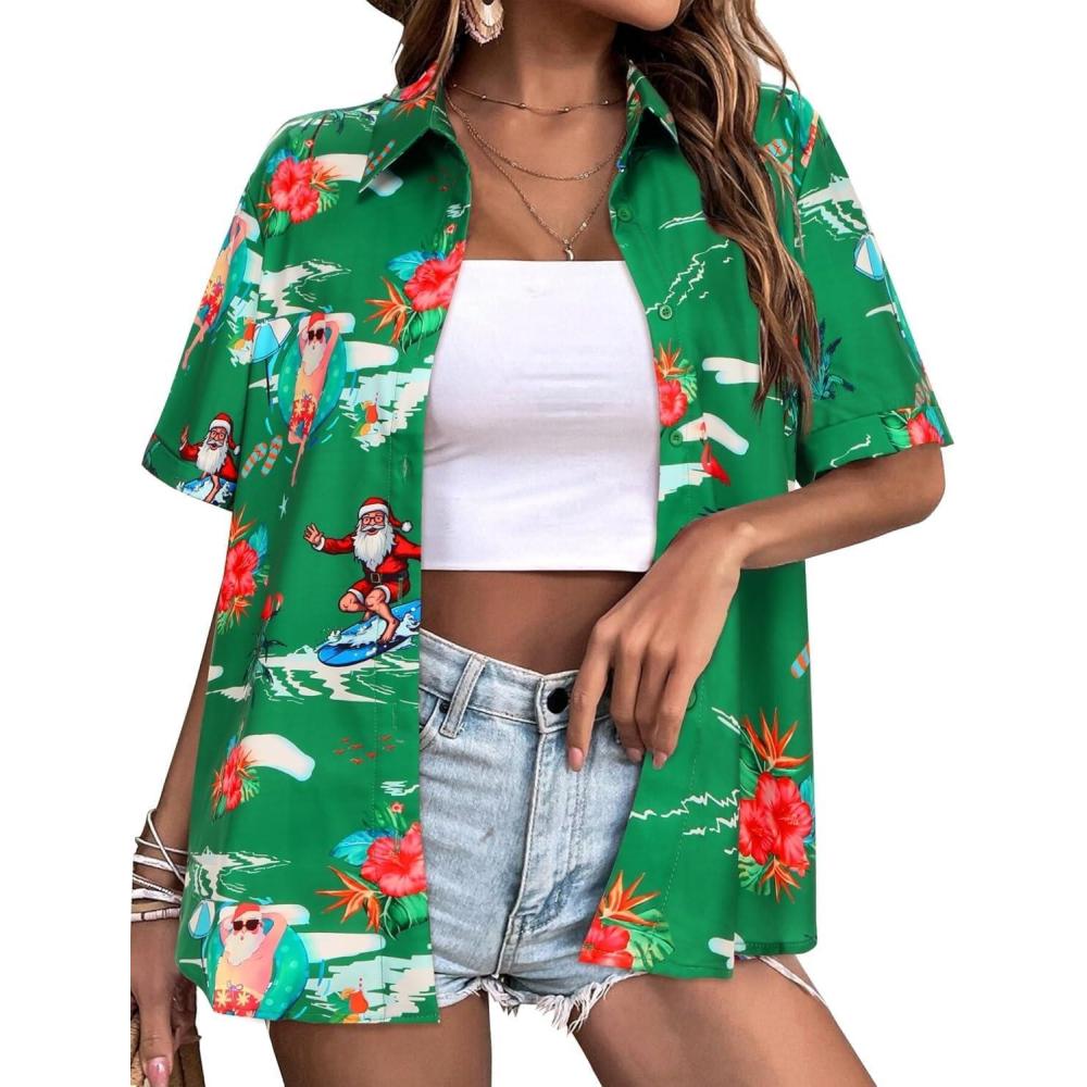 imageZeagoo Womens Hawaiian Button Down Shirts Short Sleeve Casual Floral Tropical Shirt Summer Beach Shirt Cool Button Up TopsGreen Christmas