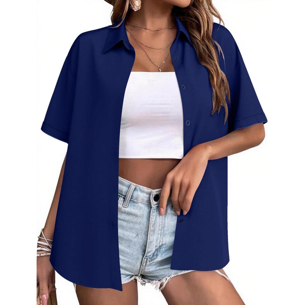imageZeagoo Womens Hawaiian Button Down Shirts Short Sleeve Casual Floral Tropical Shirt Summer Beach Shirt Cool Button Up TopsNavy Blue