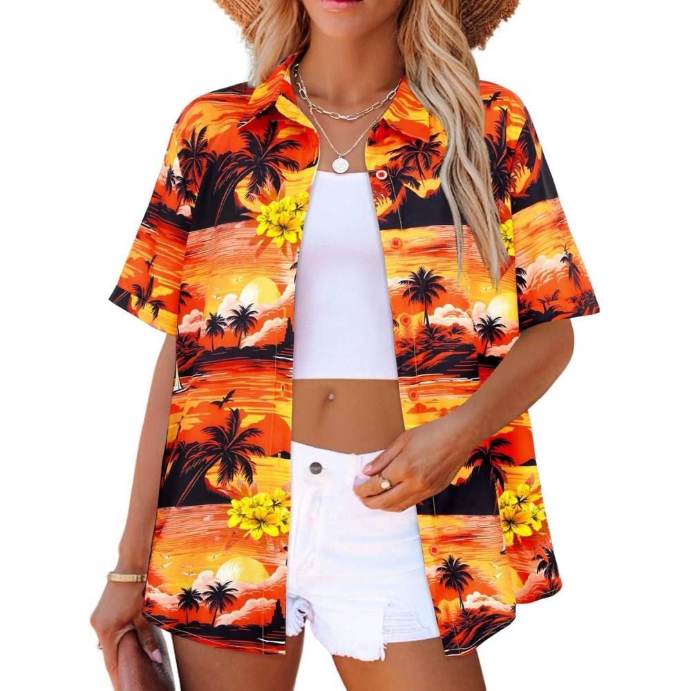 imageZeagoo Womens Hawaiian Button Down Shirts Short Sleeve Casual Floral Tropical Shirt Summer Beach Shirt Cool Button Up TopsOrange Hawaiian