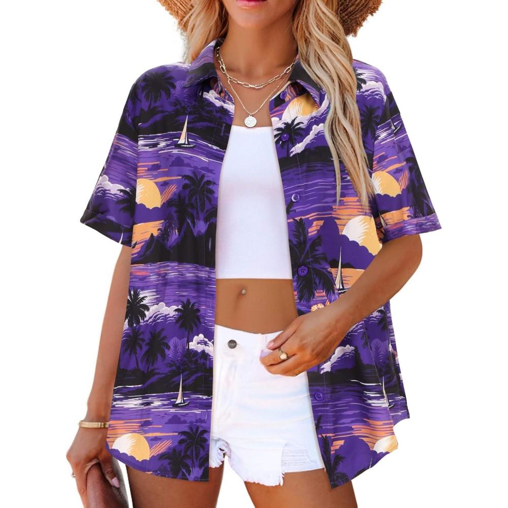 imageZeagoo Womens Hawaiian Button Down Shirts Short Sleeve Casual Floral Tropical Shirt Summer Beach Shirt Cool Button Up TopsPurple Hawaiian