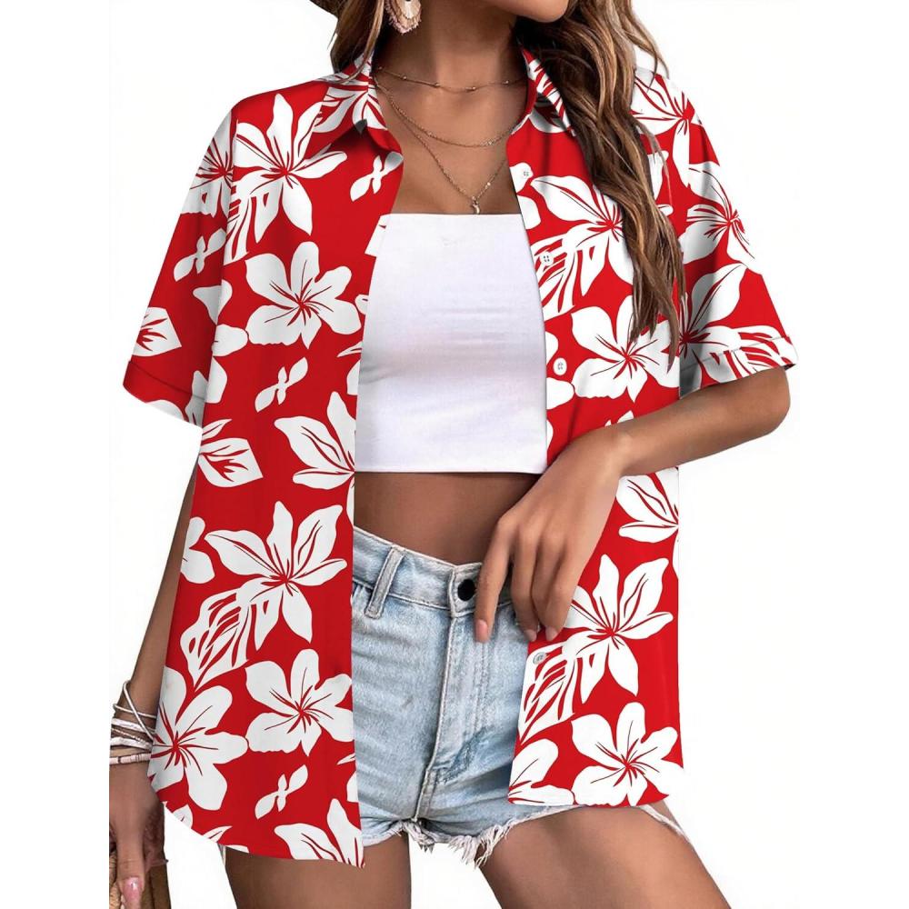 imageZeagoo Womens Hawaiian Button Down Shirts Short Sleeve Casual Floral Tropical Shirt Summer Beach Shirt Cool Button Up TopsRedwhite Floral