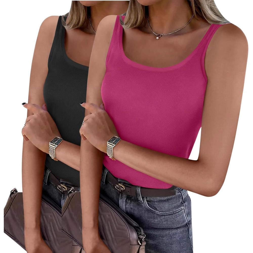 imageZeagoo Womens Ribbed Tank Tops Square Neck Summer Tops Slim Fitted Spaghetti Strap Camisole Basic Sleeveless Layering ShirtsZblackRose Pink