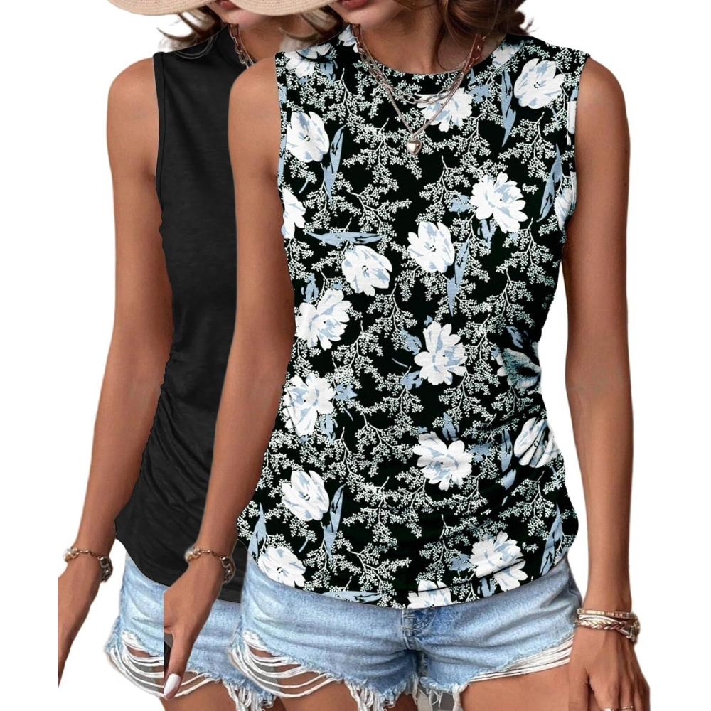 imageZeagoo Womens Ruched Tank Tops Summer Dressy Casual Crewneck Sleeveless Shirts SXXL2 Packwhite Flower and Black