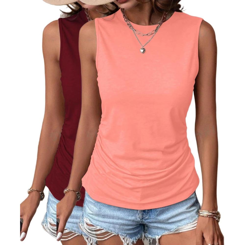 imageZeagoo Womens Ruched Tank Tops Summer Dressy Casual Crewneck Sleeveless Shirts SXXL2 Packwine Red and Pink