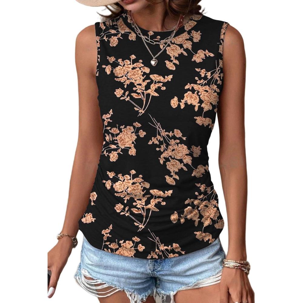 imageZeagoo Womens Ruched Tank Tops Summer Dressy Casual Crewneck Sleeveless Shirts SXXLBlack Orange Flower