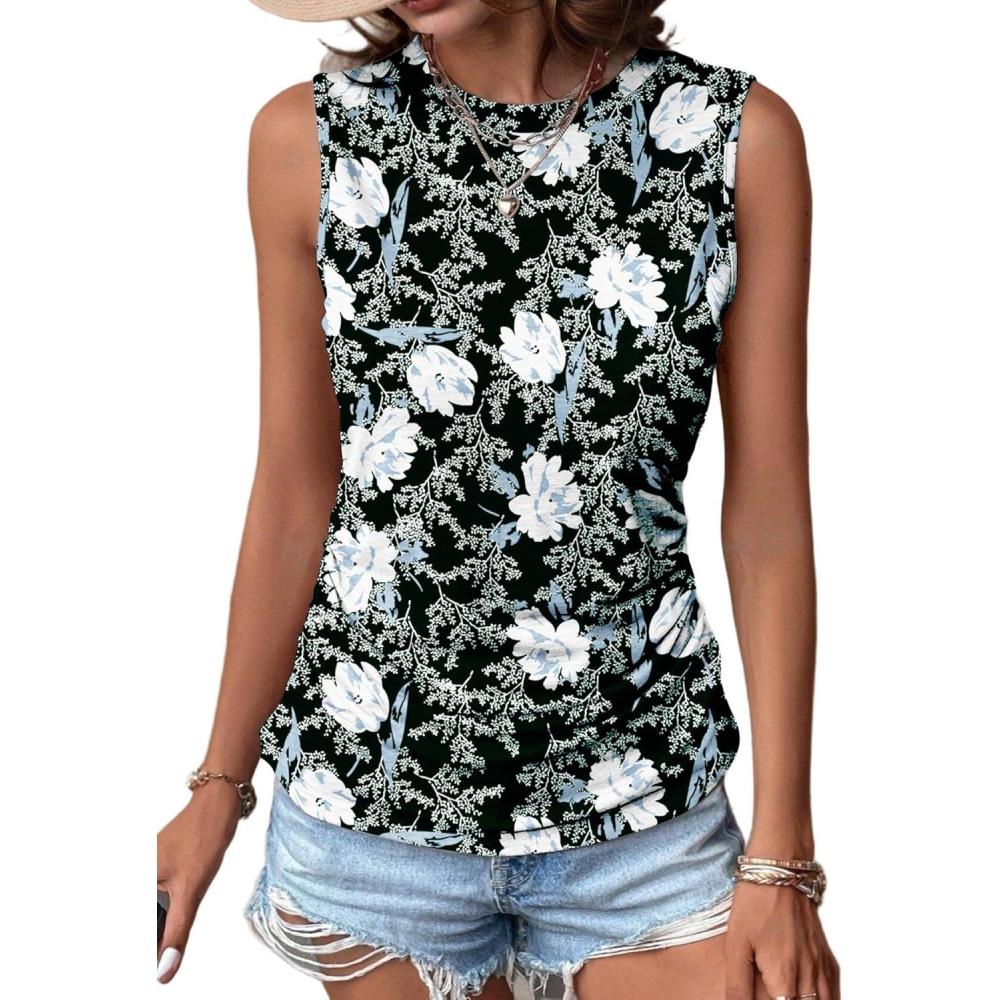 imageZeagoo Womens Ruched Tank Tops Summer Dressy Casual Crewneck Sleeveless Shirts SXXLBlack White Blue Flower