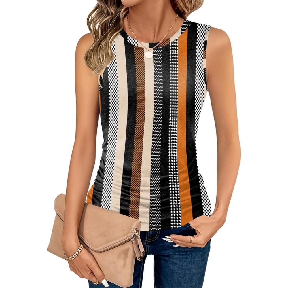 imageZeagoo Womens Ruched Tank Tops Summer Dressy Casual Crewneck Sleeveless Shirts SXXLBlack White Orange Khaki Stripe