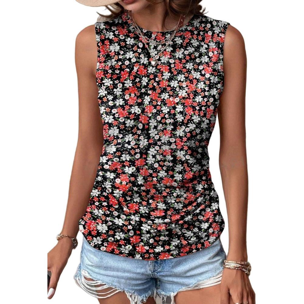 imageZeagoo Womens Ruched Tank Tops Summer Dressy Casual Crewneck Sleeveless Shirts SXXLBlack White Red Flower