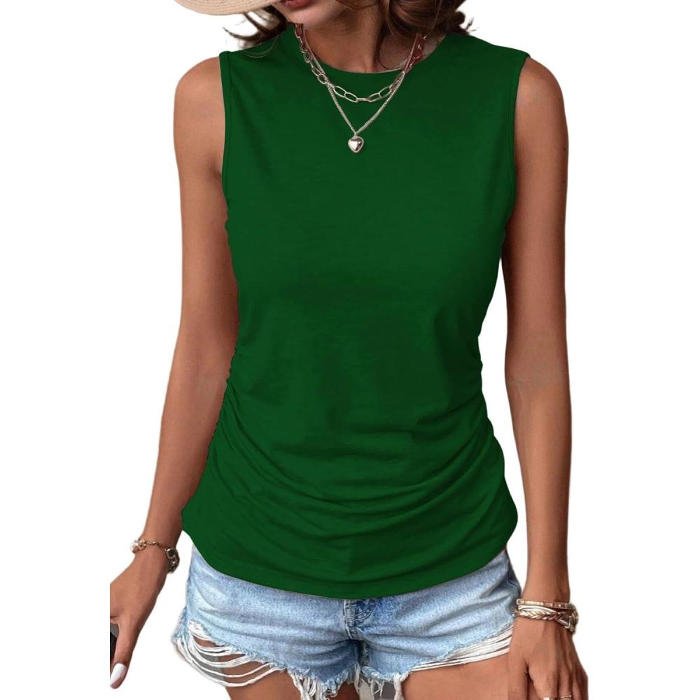 imageZeagoo Womens Ruched Tank Tops Summer Dressy Casual Crewneck Sleeveless Shirts SXXLGreen