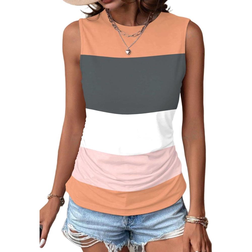 imageZeagoo Womens Ruched Tank Tops Summer Dressy Casual Crewneck Sleeveless Shirts SXXLOrange Pink Grey White Stripe