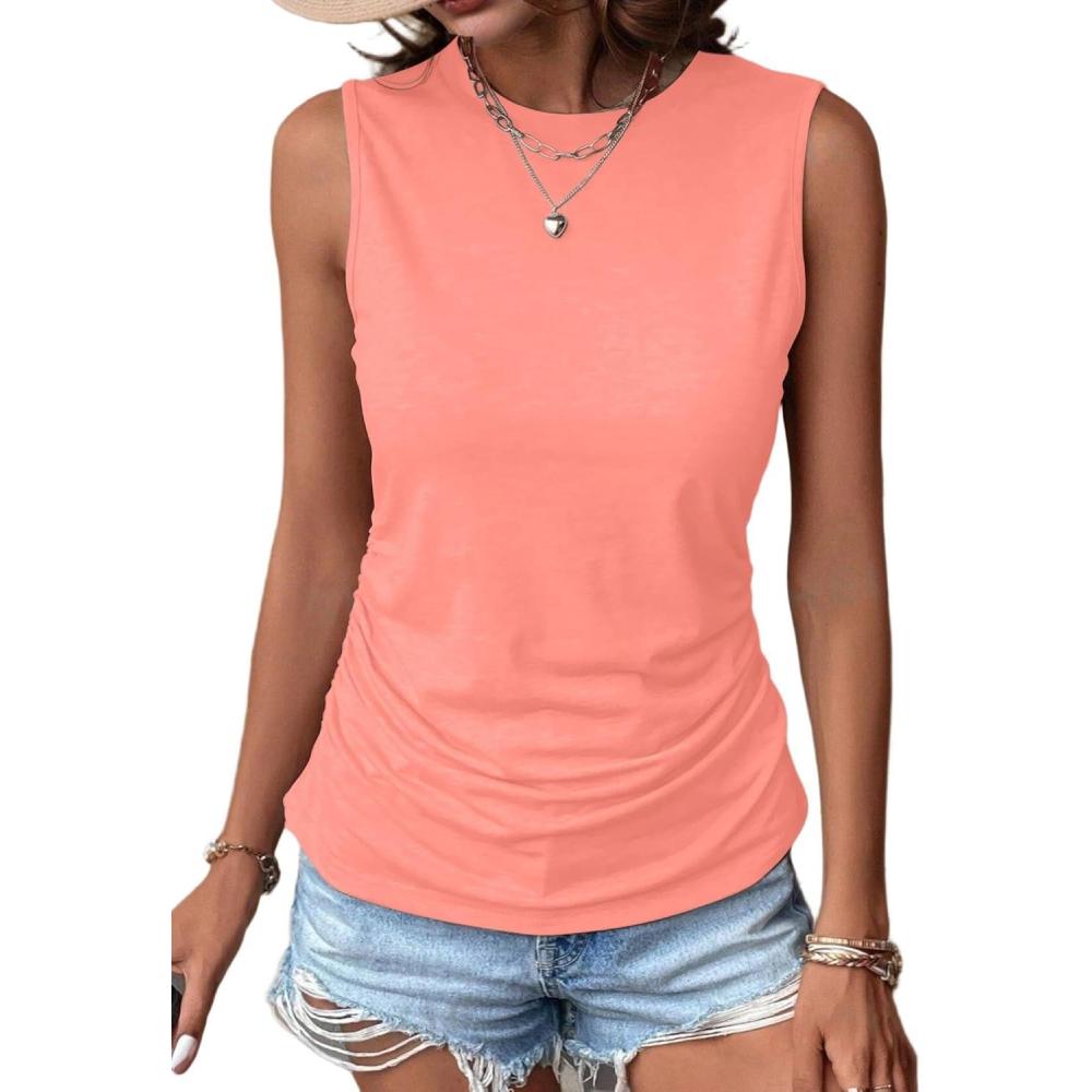imageZeagoo Womens Ruched Tank Tops Summer Dressy Casual Crewneck Sleeveless Shirts SXXLRose Red