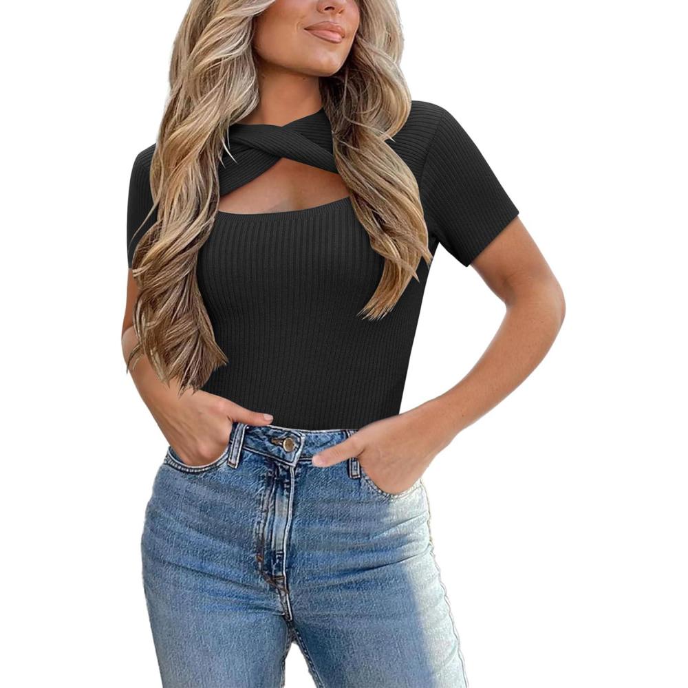 imageZeagoo Womens Short Sleeve T Shirts 2026 Summer Casual Knit Slim Fit Trendy Basic Cute Sweater TopsBlack