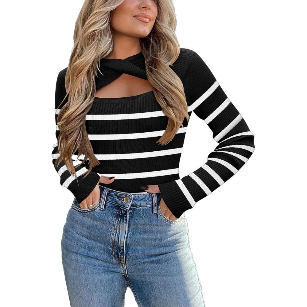 imageZeagoo Womens Short Sleeve T Shirts 2026 Summer Casual Knit Slim Fit Trendy Basic Cute Sweater TopsBlack White Stripe