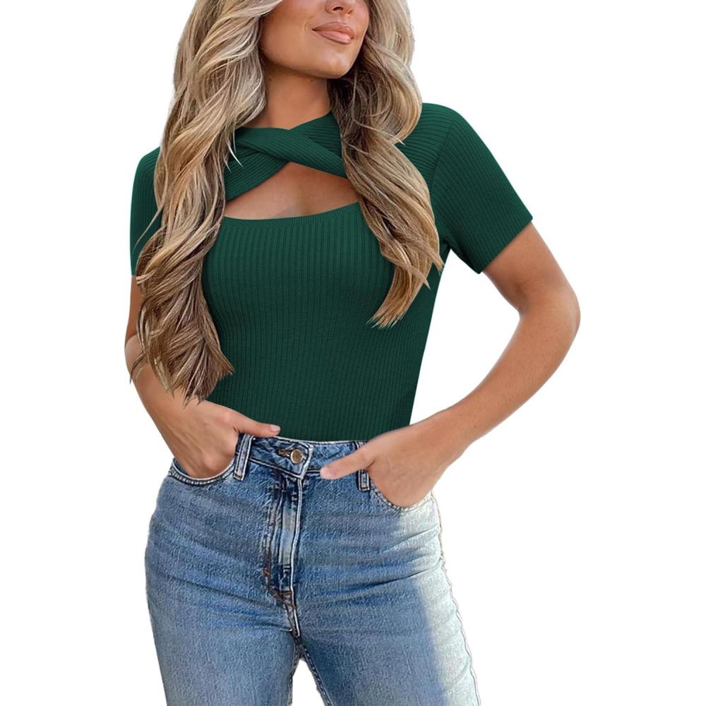 imageZeagoo Womens Short Sleeve T Shirts 2026 Summer Casual Knit Slim Fit Trendy Basic Cute Sweater TopsDark Green