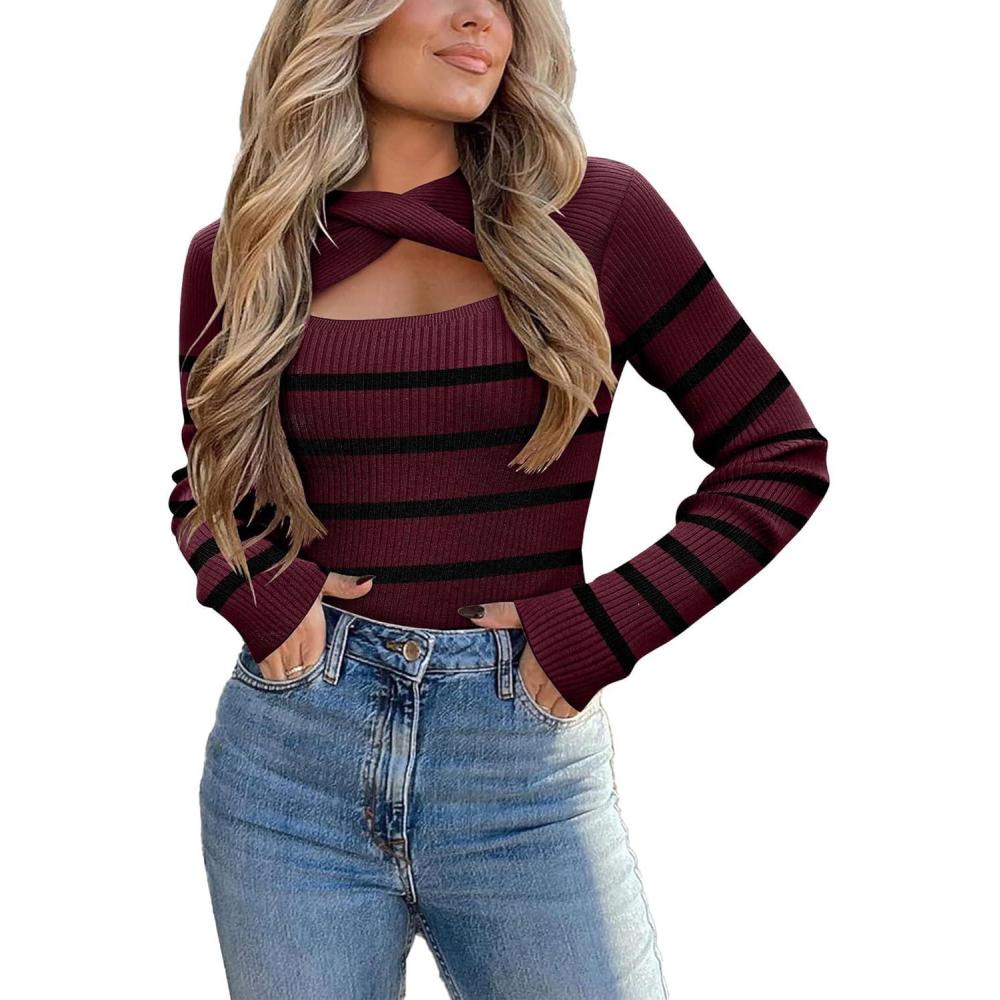imageZeagoo Womens Short Sleeve T Shirts 2026 Summer Casual Knit Slim Fit Trendy Basic Cute Sweater TopsRed Black Stripe